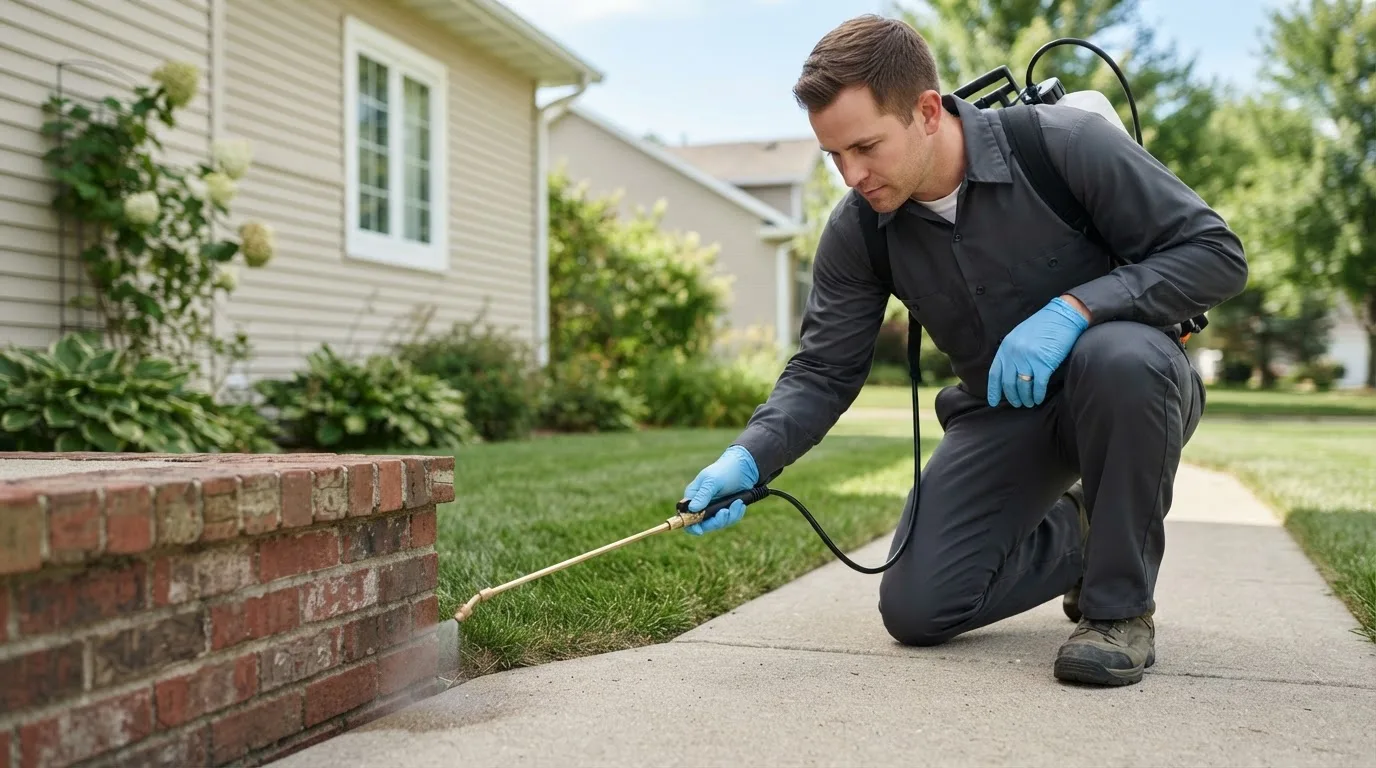 Pest control technician treating a home near Mansfield, AR